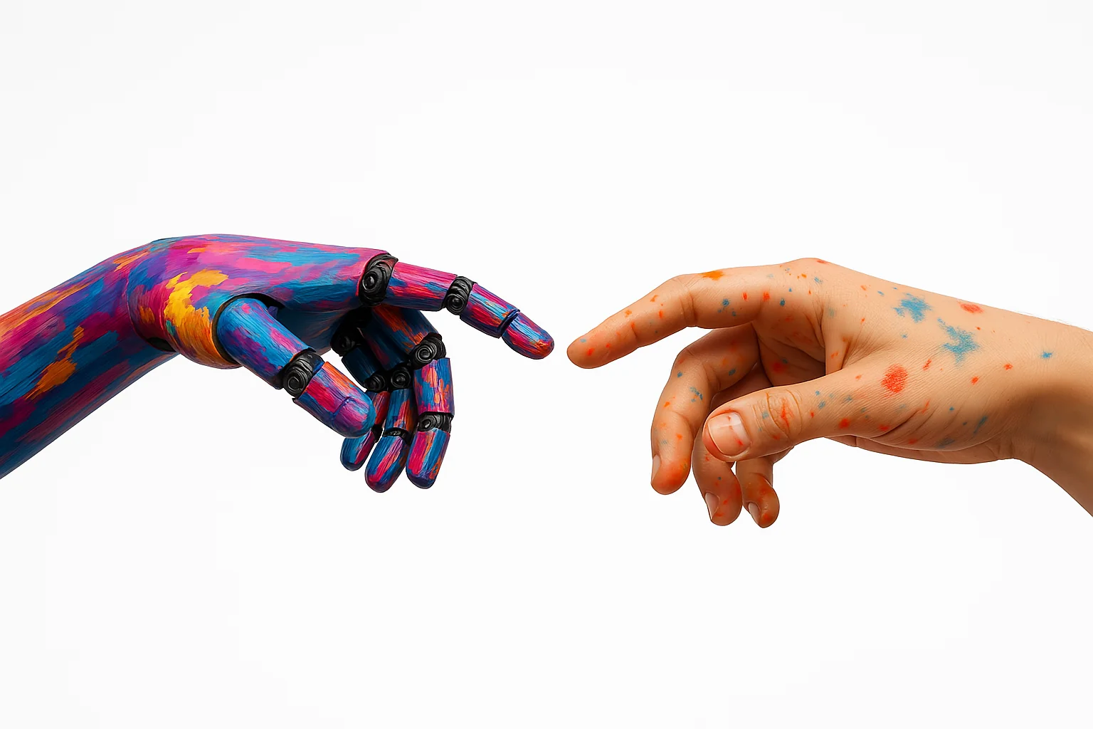 An artistic illustration of a human hand and a robotic hand reaching toward each other